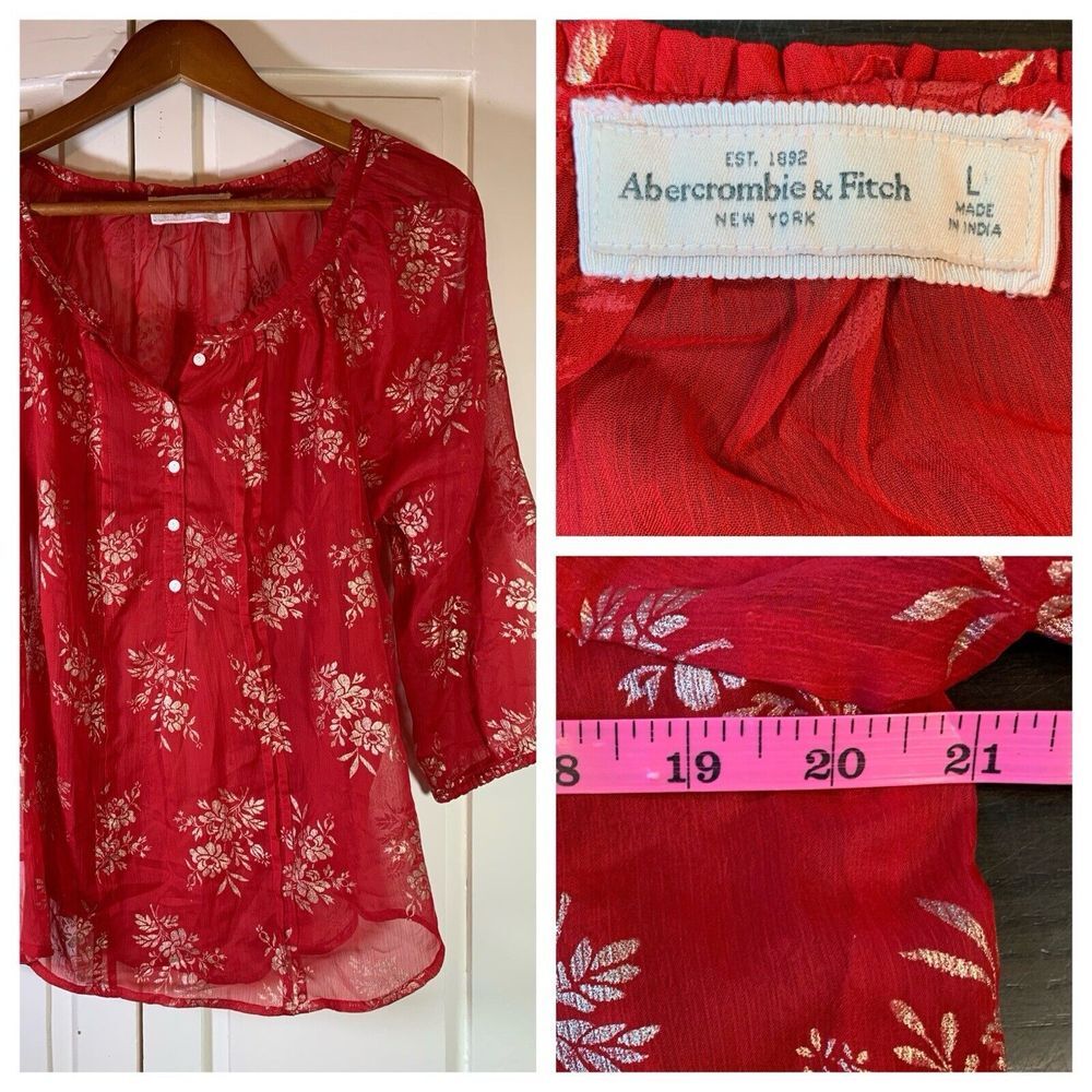 Abercrombie & Fitch Red Floral Sheer Button-Front Blouse